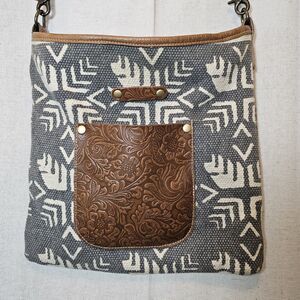 Myra Bag Crossbody Satchel Upcycled Canvas And Leather 14 X 12.5 FLAW READ